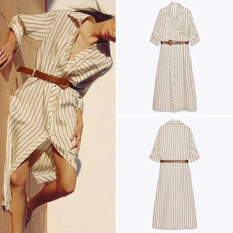 Spring 2025 Women's Printed Stripe Dress Polyester Fiber New Style Casual Elegant Skirt Dress ZADATA Brand 5029068