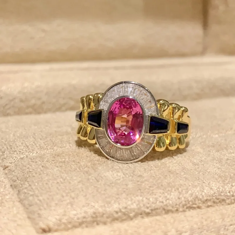 Vintage Adjustable Red Corundum Ring Set with 18K Gold Luxurious French Style Rose Red Ladies' Fashion Jewelry