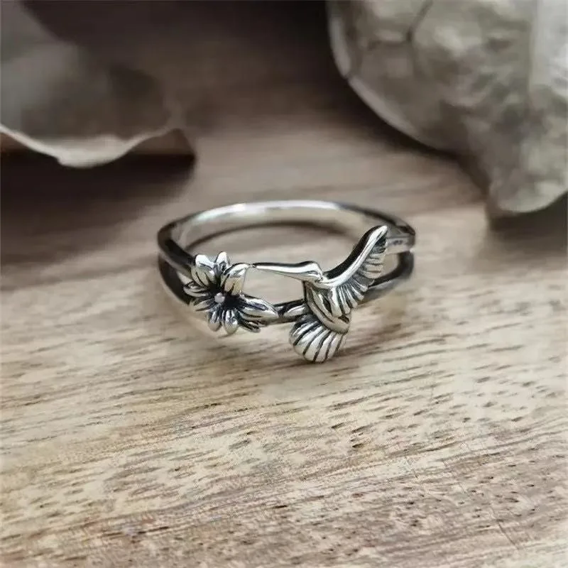Vintage vintage flower and peak bird hollow ring, bohemian lady couple ring, jewelry