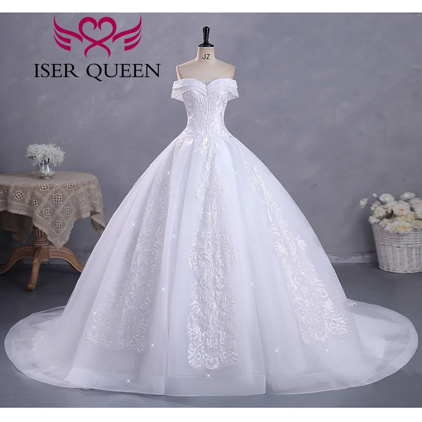 Vestido de novia con Apliques de encaje y cuentas de calidad para novia, vestidos de novia de lujo de manga corta con hombros descubiertos, vestido de baile WX0421