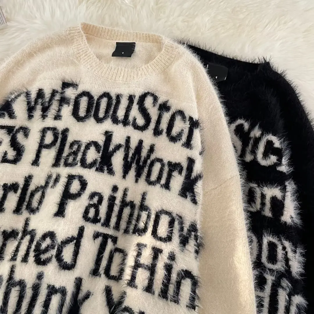 

Мужской модный свободный свитер с круглым вырезом и вышивкой в стиле ретро-американского шика, осенне-зимняя одежда для пар в стиле кэжуал