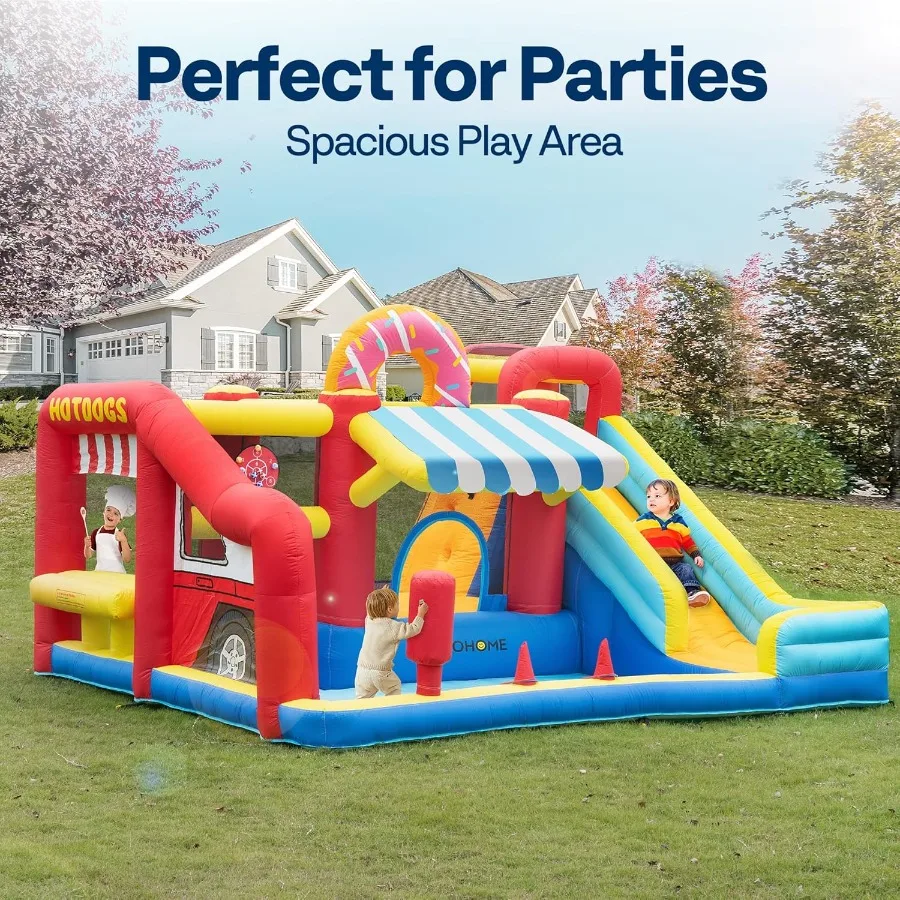 Casa de rebote 9 en 1 para niños, castillo inflable con tema de mercado con tobogán, bóveda inflable de 13x11 pies para exteriores con soplado