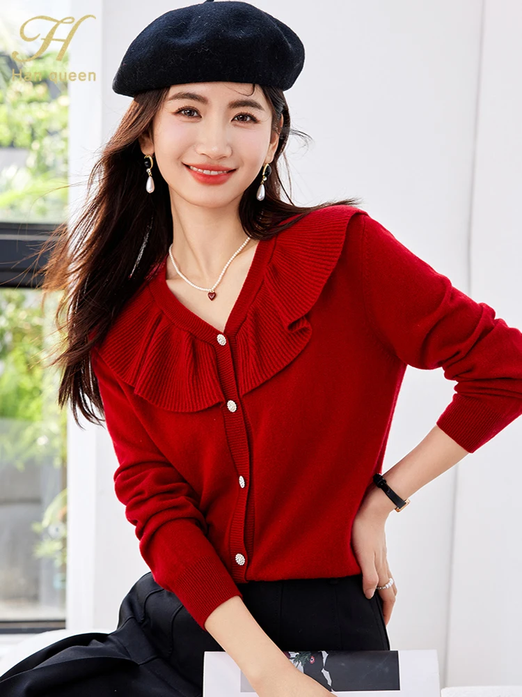 H Han Queen New Autumn V-Neck Thick Knitwear Cardigan Women Fashion Long Sleeve Vintage Korean Top Casual Sweater Woman Clothing