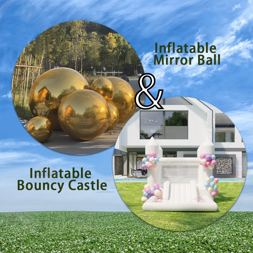 

13ft-4m Durable PVC Inflatable White Bounce House Castlle Combo 6pcs Set Inflatable Shiny Mirror Ball For Party Birthday Event