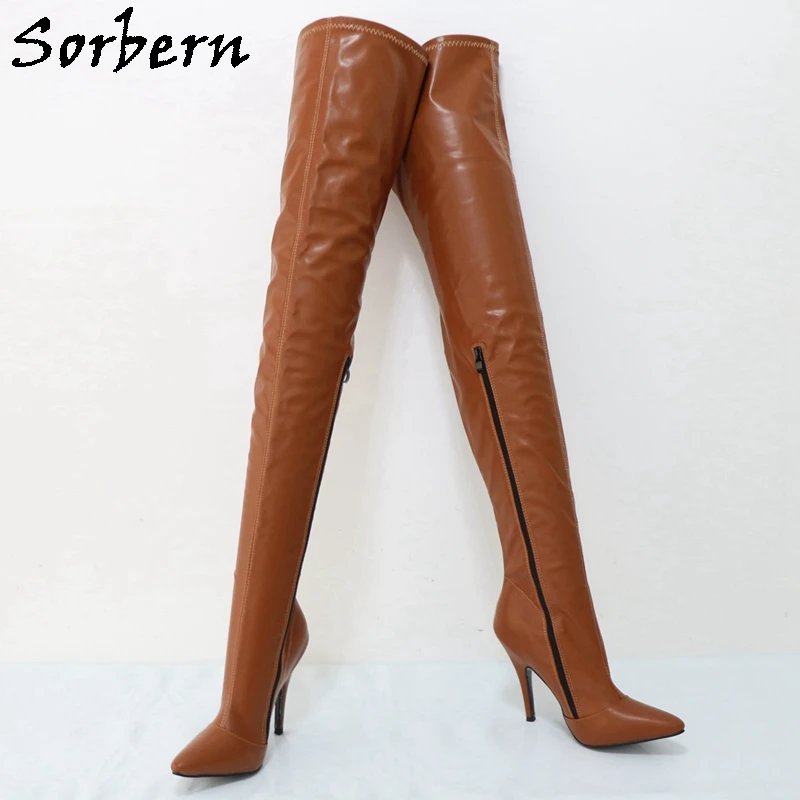 Sorber marrone opaco stivali lunghi donna punta a punta tacco alto tacchi a spillo mezza cerniera sopra il ginocchio stivali Unisex Fetish Sissy Boy