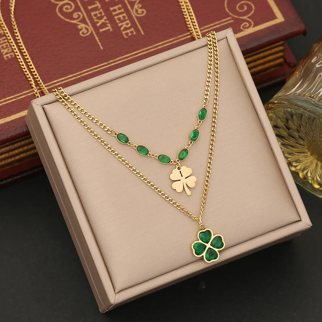 316L Stainless Steel Green Crystal Flower Pendant Necklace for Women Girls Fashion 2 Layer Neck Chain Jewelry Holiday Gift