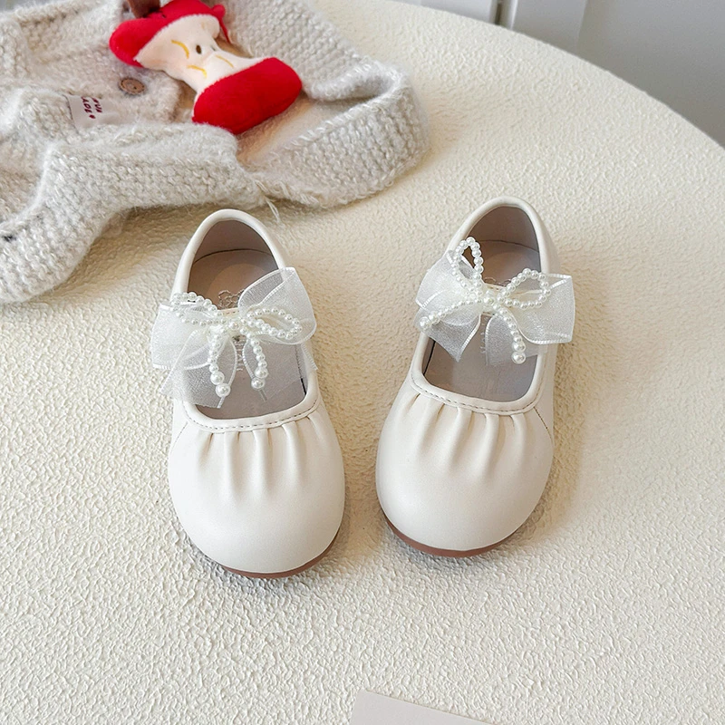 

Baby Girl Princess Shoes Pearl Bowknot Ballet Flats Soft Sole Non-slip PU Leather Party Footwear for Toddler