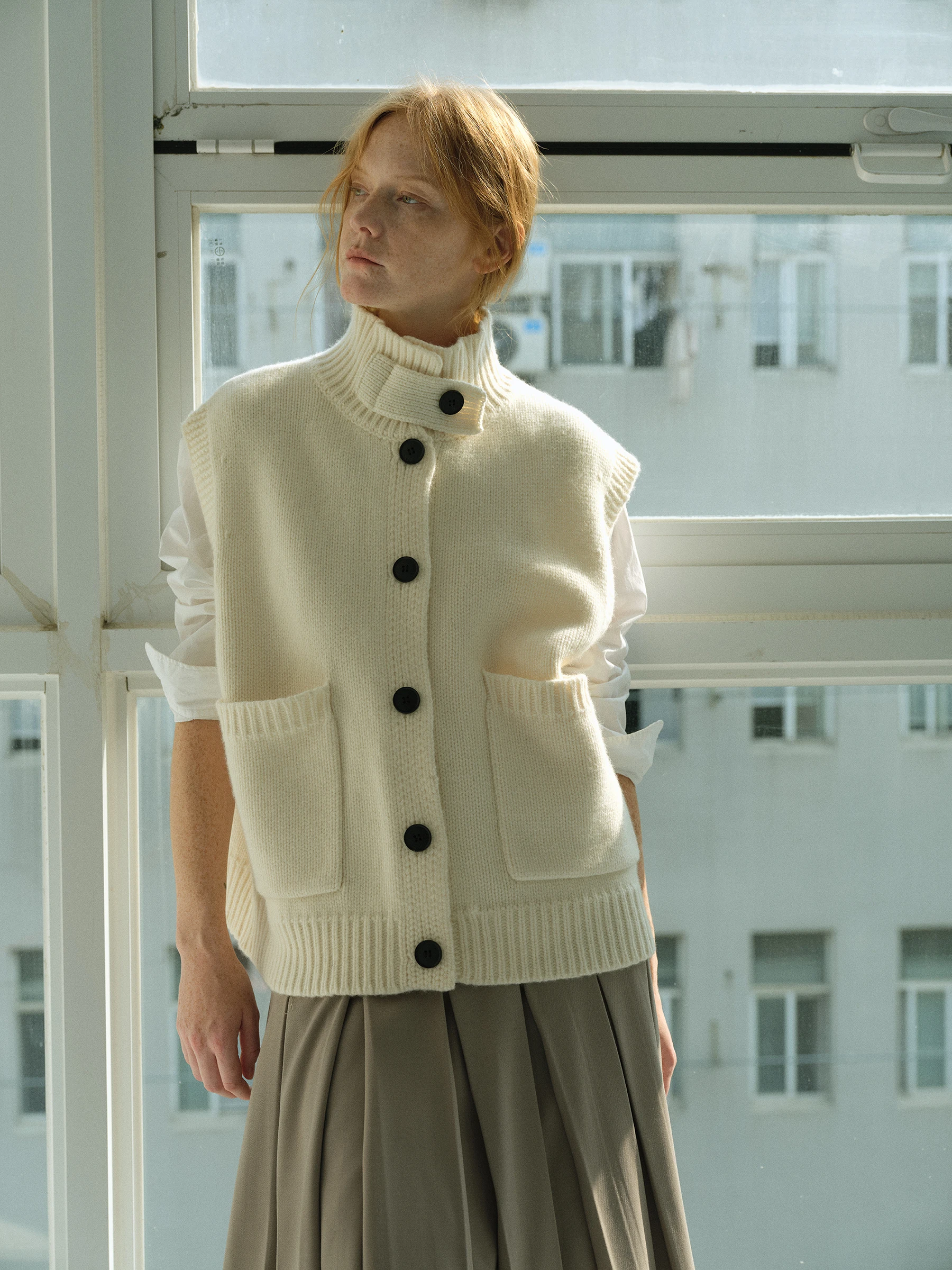 

Thiened Woolen Knitted Vest Buttoned Sweater Outerwear Women's Casual Faion Winter Season Pure Color Stand Collar Cardigan