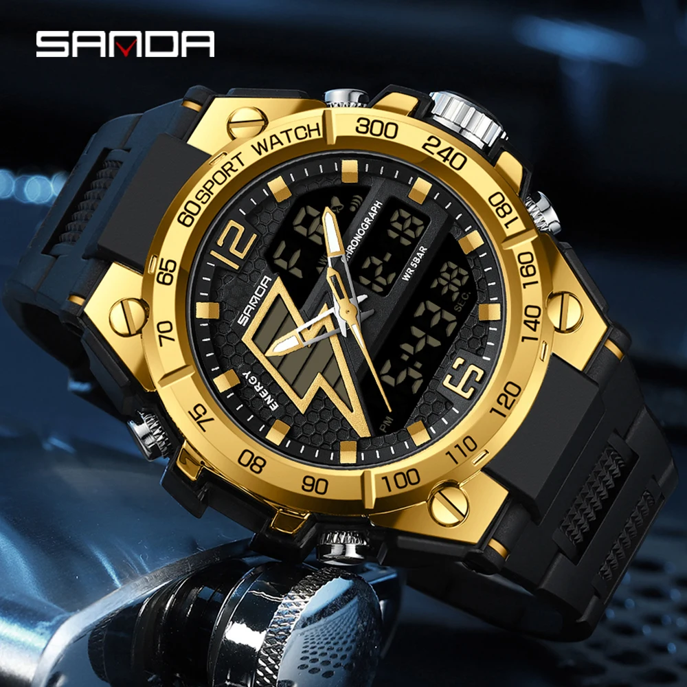 SANDA  6137 Waterproof Outdoor Sports Chronograph Hand Clock Trendy Fashion Men's Led Analog Digital Alarm Wrist Watches