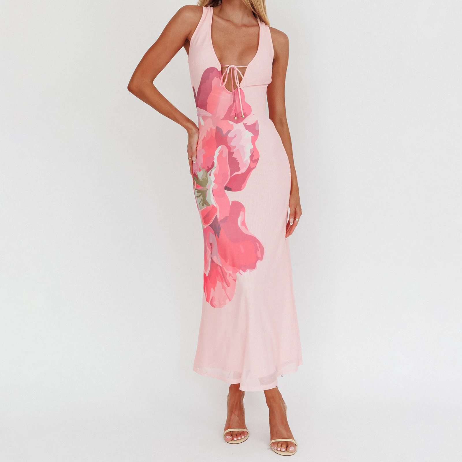 Women Summer Midi Dress Sleeveless Deep V Neck Floral Party Dress For Beach Vacation Outdoor Party Daily Wear Outdoor Streetwear