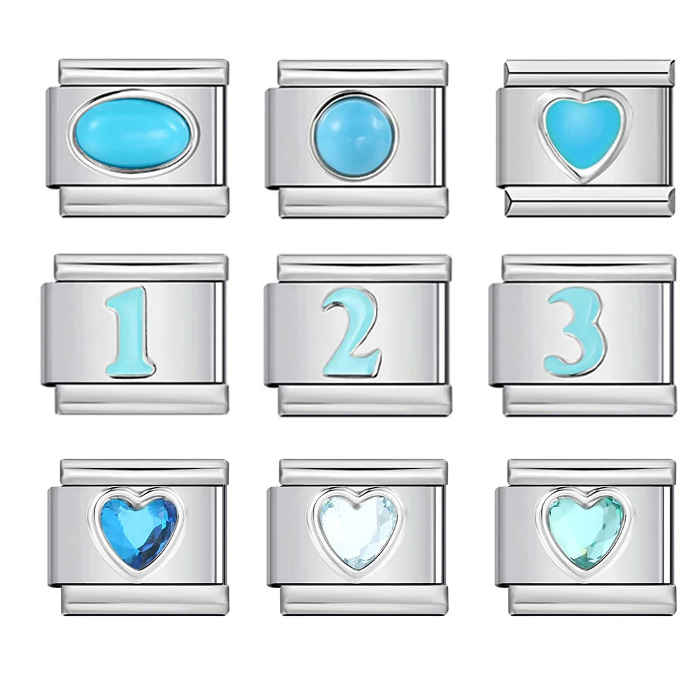 

2025New Sky Blue Red Colors 0-9 Numbers Italian Charm Link Fit 9mm Stainless Steel Bracelet DIY Making Beads jewelry making