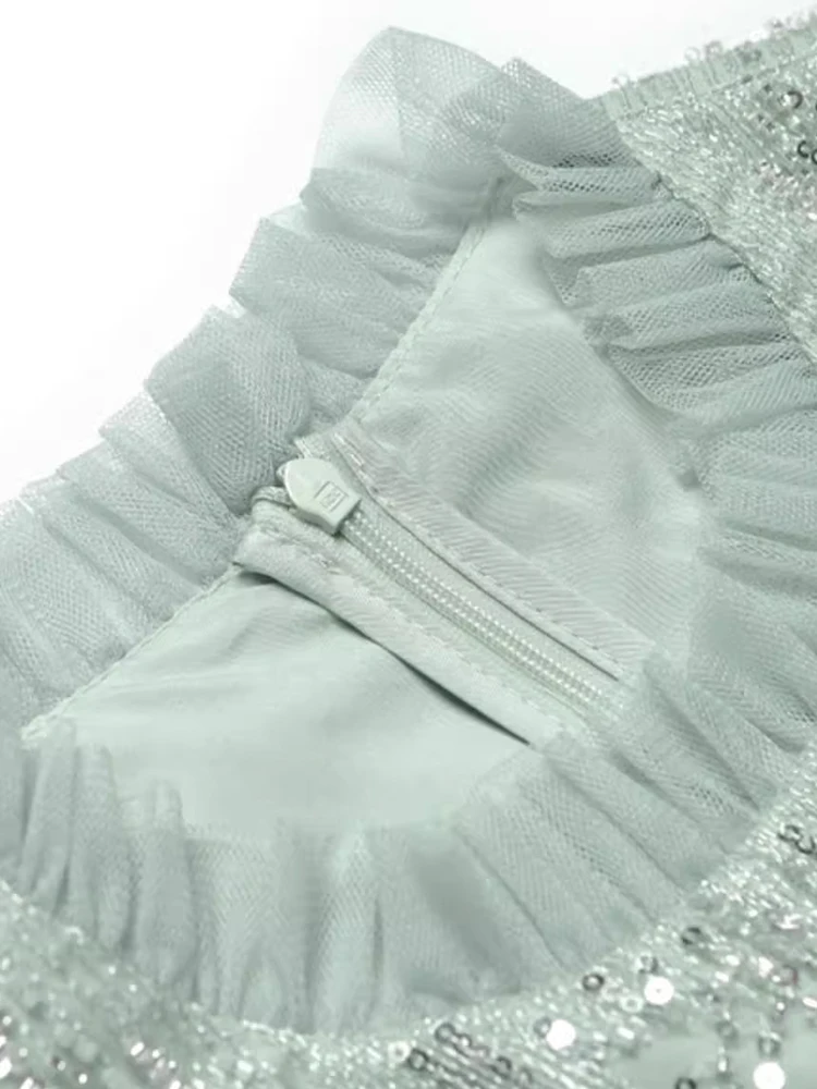 DSXDFACAIRIJ-vestido Vintage de malla con bordado de cuentas y lentejuelas para mujer, vestido de baile con detalle de volantes y manga acampanada con cuello redondo, ropa femenina