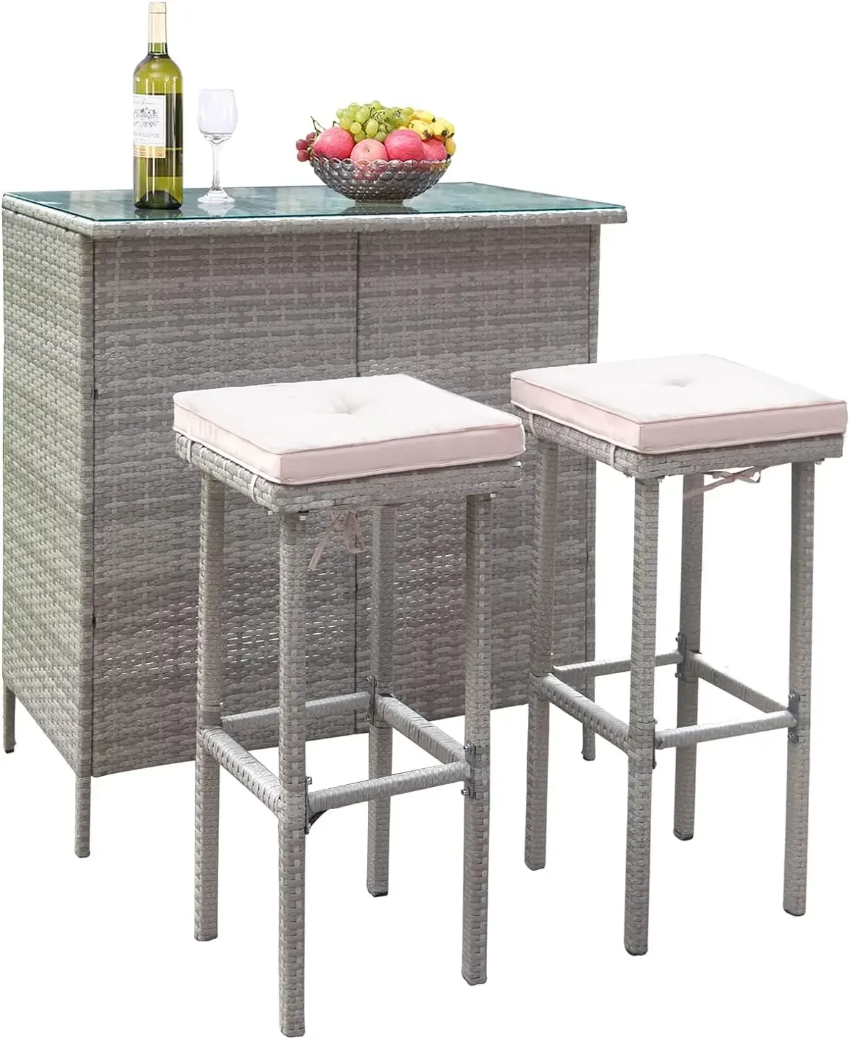 

3PCS Patio Bar Set with Stools and Glass Top Table Patio Wicker Outdoor Furniture with Beige Removable Cushions for Backyards