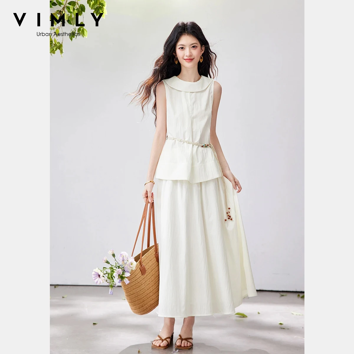 

VIMLY Women's Skirt Set 2026 Summer New Lapel Collar Sleeveless Top with Detachable Belt Elastic Waist Skirt 2 Piece Set 30818