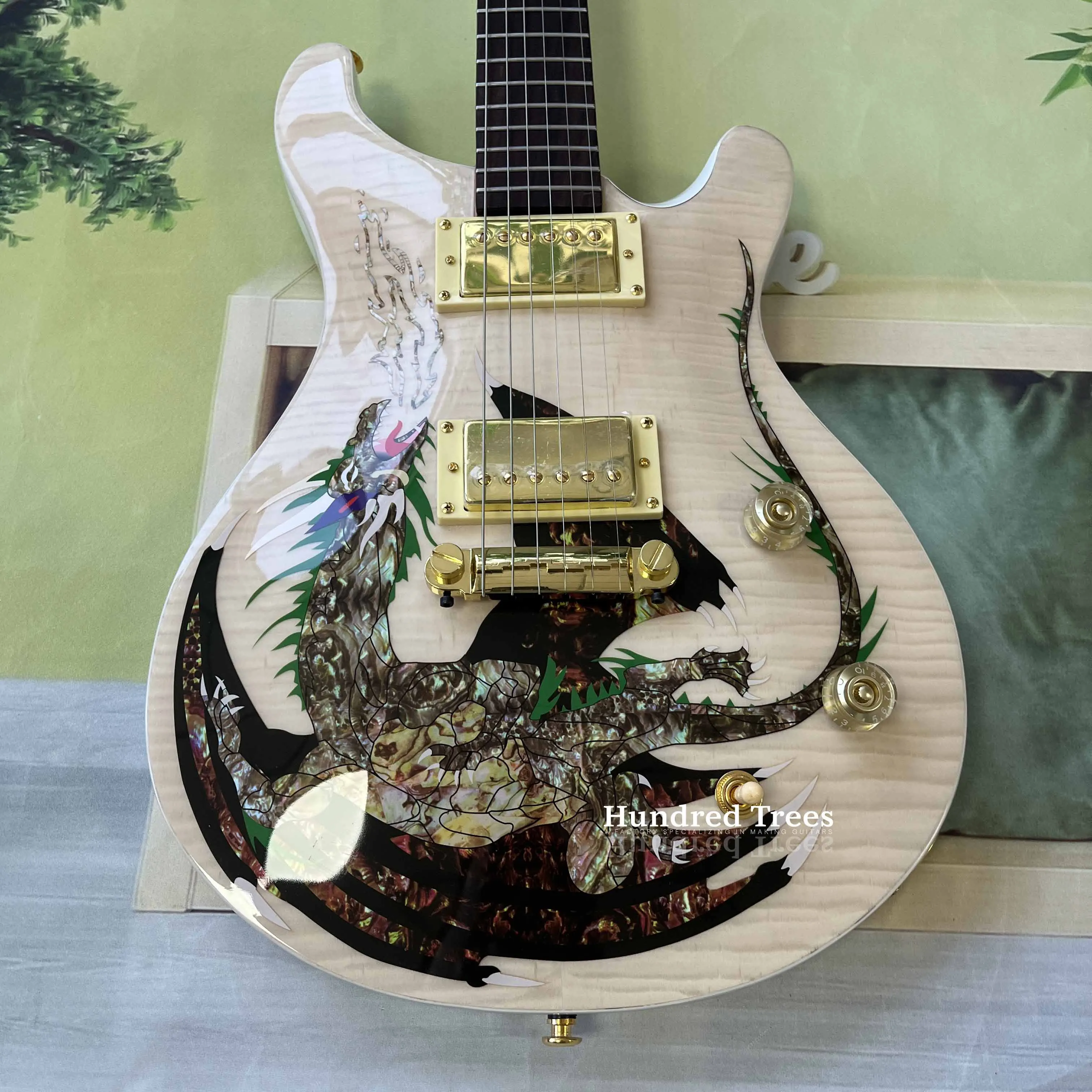 Guitarra eléctrica blanca PRS Dragon's Seal Flame Maple Top Gold Hardware H-H pastillas regalo de Navidad envío gratis