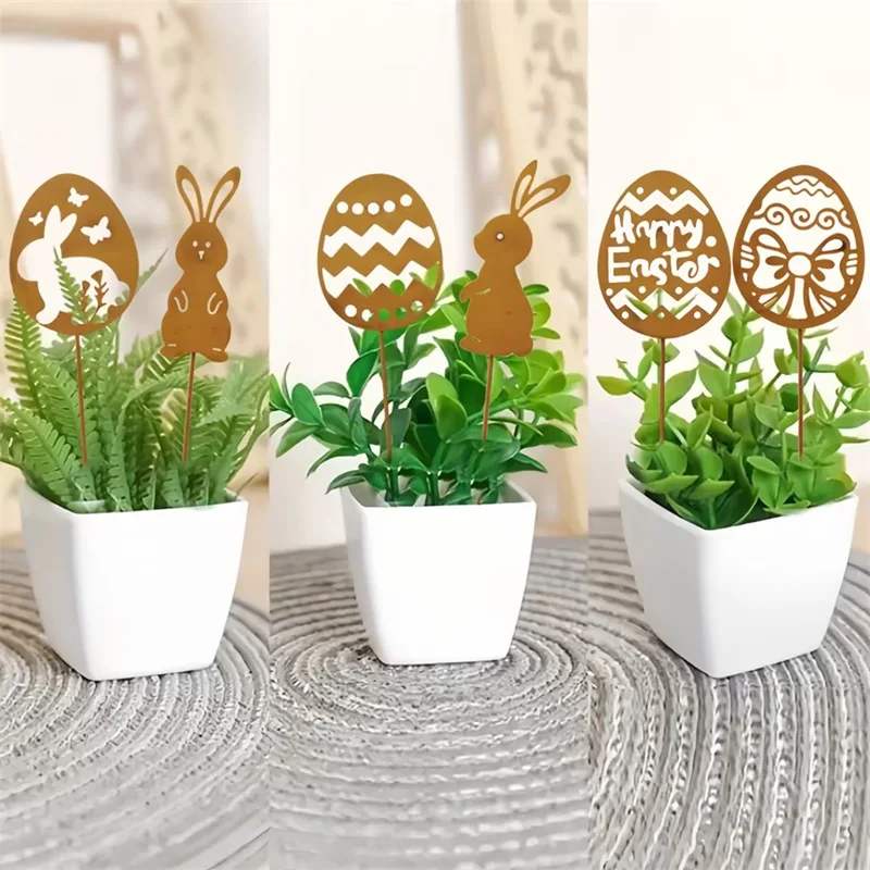 2025 Easter Bunny Egg Iron Plugs 6 Pcs Easter Garden Stakes Bunny Chick Metal Decorative Yard Stakes Outdoor Decorations