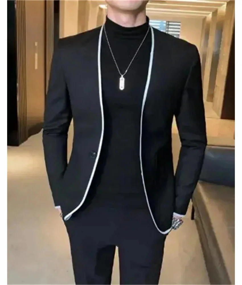 

Men's Casual 2-Piece Suit Set with Contrast Trim Detail Single Button Slim Fit Wedding Prom Party Stage Wear with Blazer Pants
