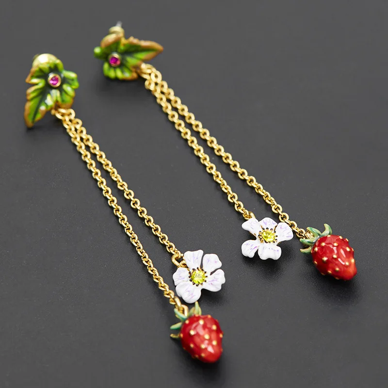 Fashionable Sweet Temperament Enamel Glaze Green Leaf Red Strawberry White Flower Tassel Long Earrings Ear Clip for Women Girls