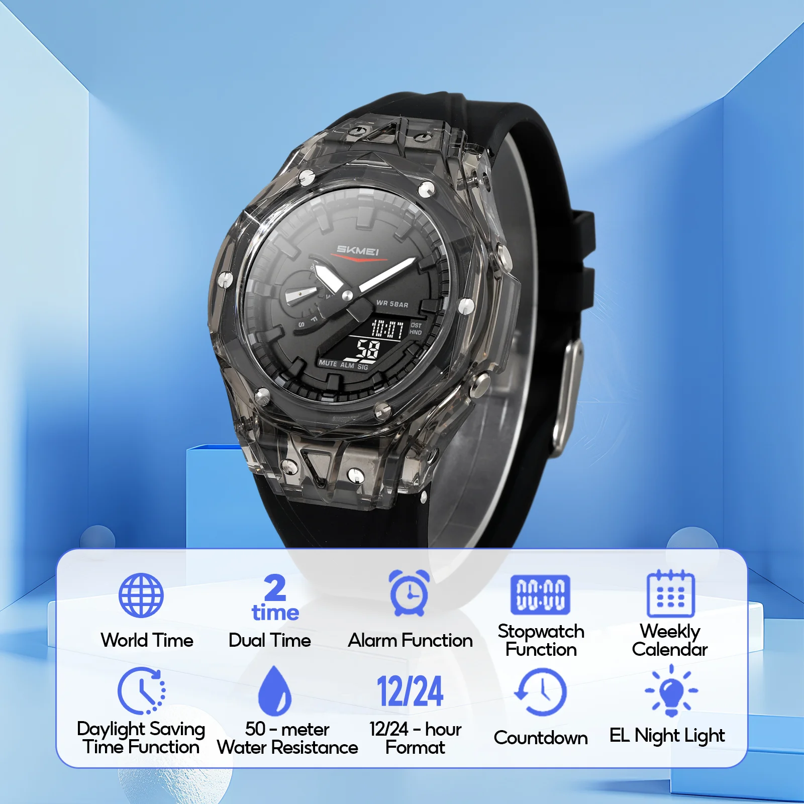 SKMEI 2411 Multifunctional Stopwatch Digital Watches Sports Quartz Watch Men Women 5Bar Waterproof Electronics Wristwatch