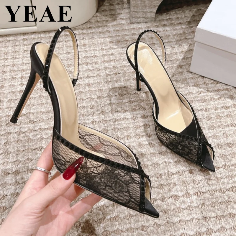 2024 Fashion Crystal High Heels Women Silk Mesh Sandals Luxury Designer Open Toe Party Shoes Ladies Back Strap Dress Pumps Women