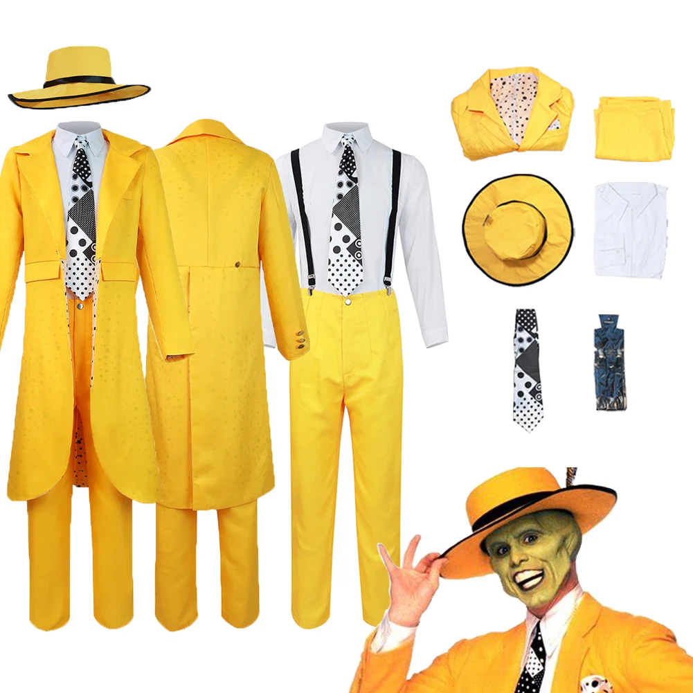 Movie The Mask Cos Jim Carrey Cosplay Costume Outfits Mask Yellow Clothes Outfits Halloween Carnival Party Suit For Men Roleplay