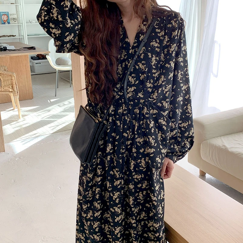 Early Autumn Vintage Ele V-ne Floral Loose Long Sve Dr Women's Long Dr Korean Sle Commute mid Waist Skirt