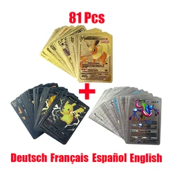 Pokémon Francês e Alemão Foil Gold Foil Rainbow Game Cards, Presentes da criança, Cartão VMAX EX GX, 81pcs