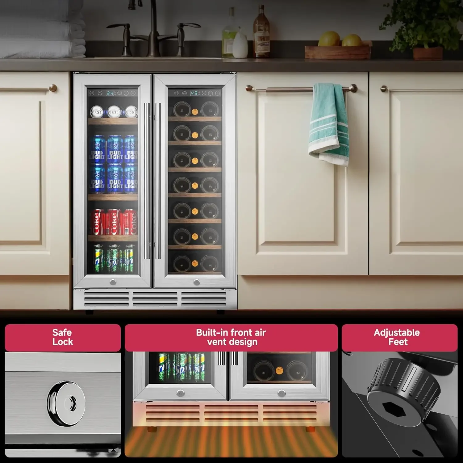 Beverage Refrigerator, Dual Zone Wine Cooler with Glass Door, Hold 88 Cans & 21 Bottles, Built in or Freestanding Under Counter