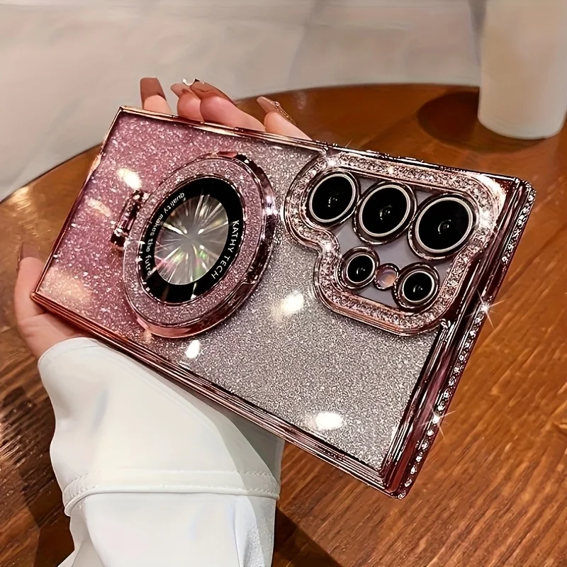 Shimmering Powder Diamond Frame Phone Case for Samsung Galaxy S25, S24, S23, S26 Ultra, A55, A54, A36, A35, A34  with Lens Cove