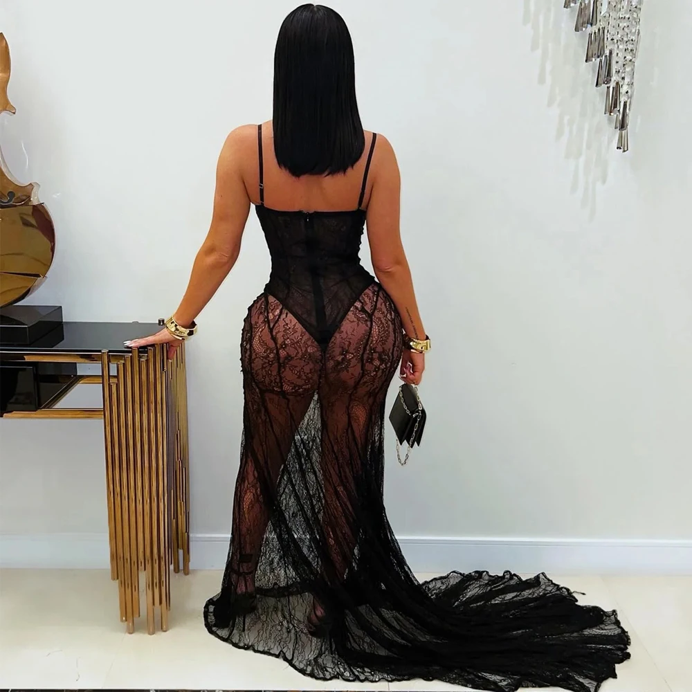 Sexy Damen-Maxikleid mit Sling-Trägern, glamouröse transparente Spitze, Neuheiten 2025, Party, Club, Abendkleider, luxuriöse lange Geburtstagskleider