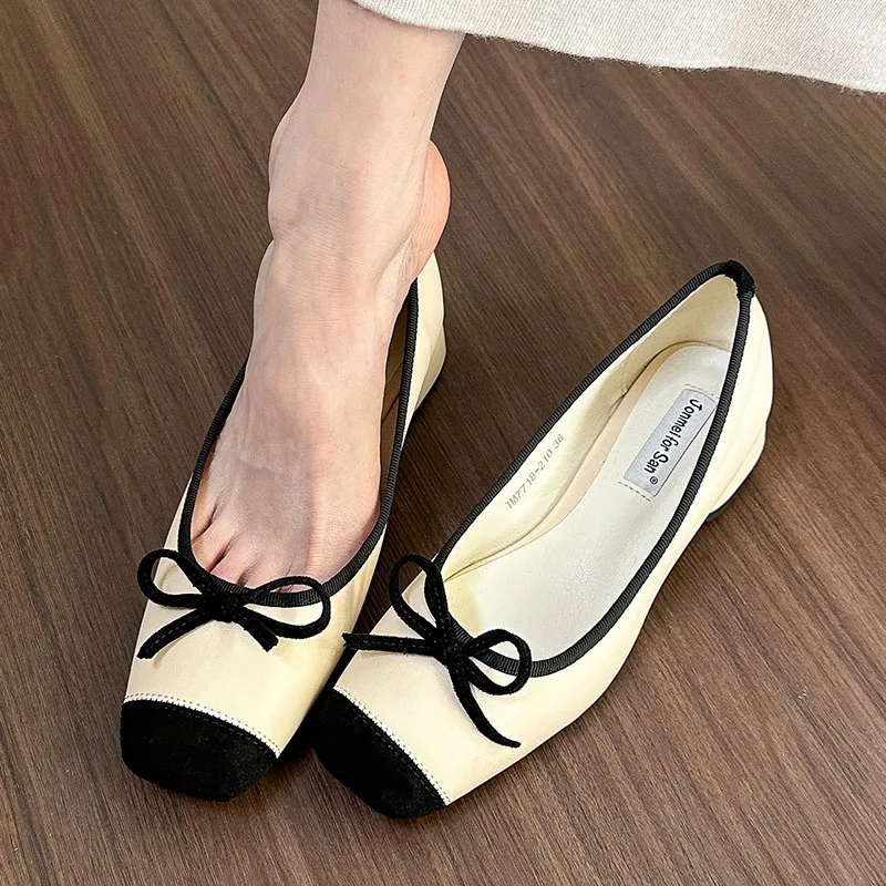 French Square Toe Bow Flats Shoes 2024 New Autumn Shallow Fairy All-match Gentle Office Dress Low Heels Pumps Female Ballerina