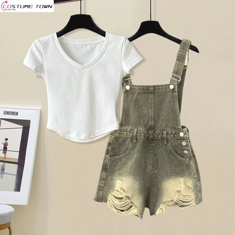 

Summer Sweet Women's Set 2024 New Korean Casual Loose Temperament Short Sleeved Top+suspender Pants Two-piece Set