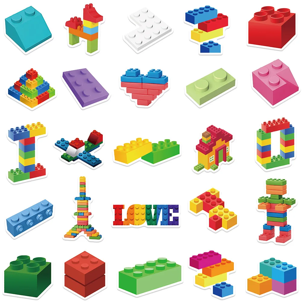 50PCS Colorful Building Blocks Sticker Watercolor DIY Skateboard Cartoon Laptop Phone Graffiti Cute Decoration Cool Stickers