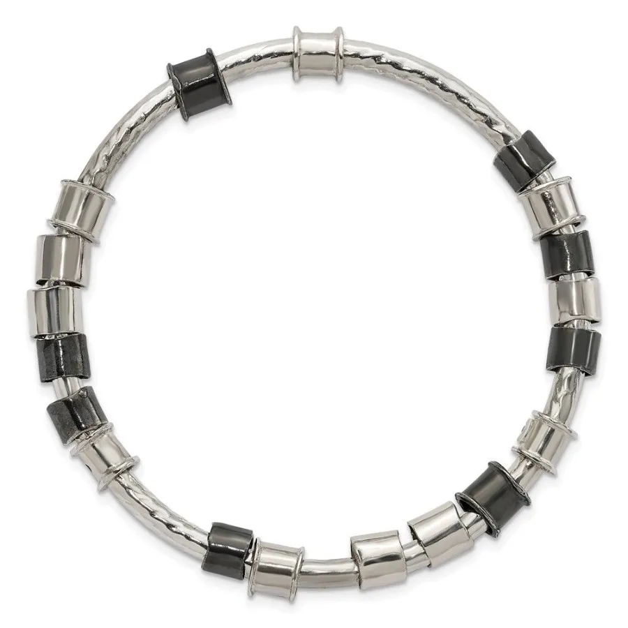 Pulseira de prata esterlina polida e antigo martelada com miçangas