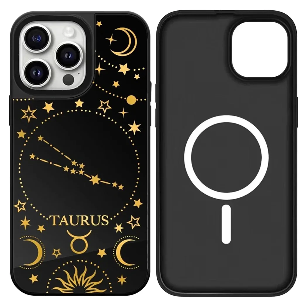 Etui ochronne na iPhone'a 12 13 14 15 16 17 Pro Max z motywem czarnej lustrzanej powierzchni i znakiem zodiaku, pasuje do iPhone'a 17 Pro Max