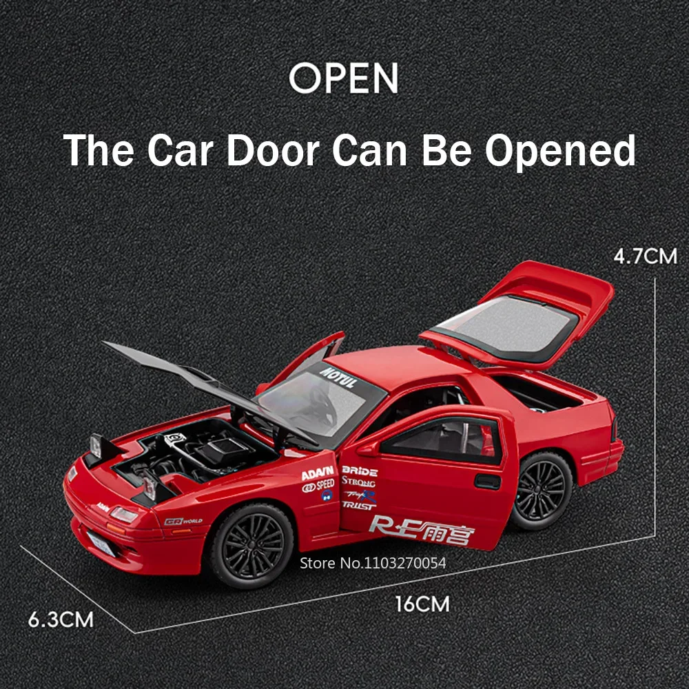 1:32 Mazda RX7 Alloy Miniature Models Toys Diecast Sports Car Doors Opened Sound Light Pull Back Front Wheel Steering Kids Gifts