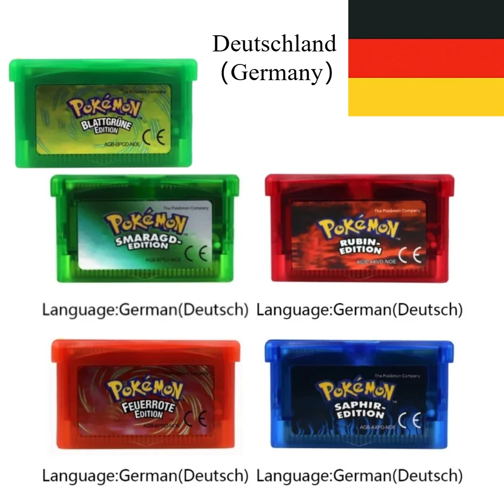 Germany GBA Deutsch Game Pokemon Series 32 Bit Video Game Cartridge Console Card Pokemon Emerald FireRed Ruby LeafGreen Sapphire