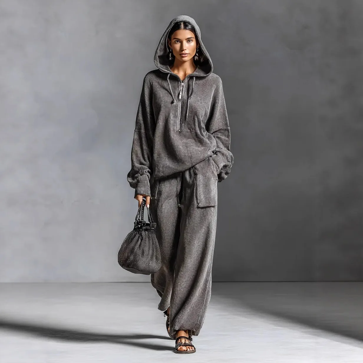 

2026 Women's Clothing Two-piece Set Hooded Long-sleeve Sweatshirt with Elastic Waistband Pocket Pants