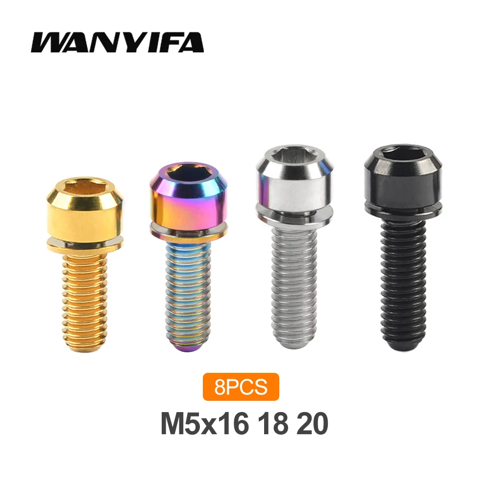 Wanyifa 8pcs Titanium Bolt M5x16/18/20mm Hex Head with Washer Bicycle Stem Screws for MTB / Road Bicycle