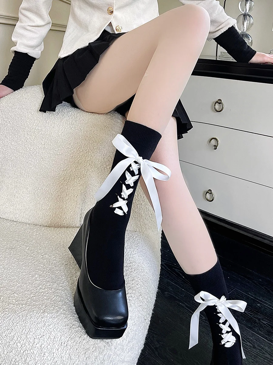 Women's Medium Tube Socks 2025 Summer Ins Japanese Jirai Kei Ribbon Bow Pink Black Stacking Socks Female Accessories