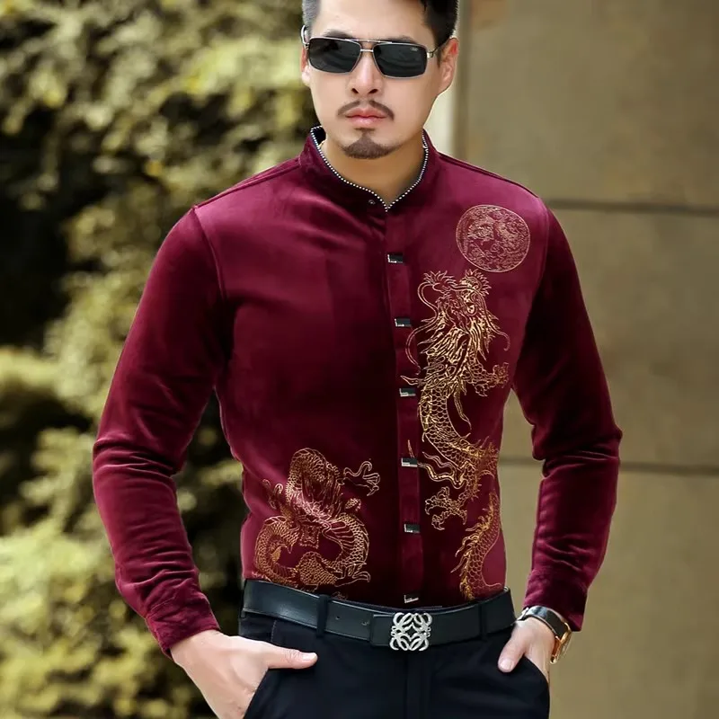 

Bronzing Dragon Pattern Luxury Shirts For Men Long Sleeve Casual Autumn High Quality Velvet Easy Care Stand Collar Chemise Homme