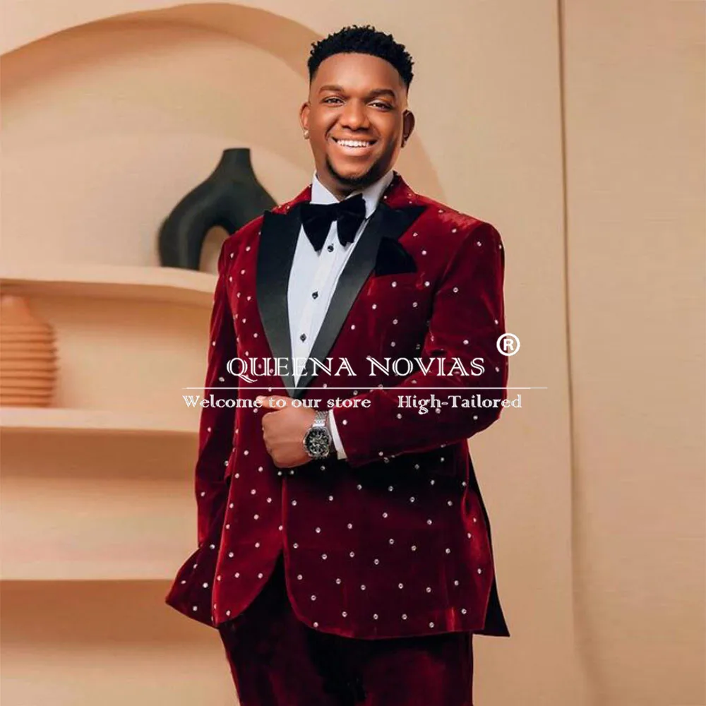 

Luxury Pearls Burgundy Velvet Suits Men Single Breasted Prom Blazers Customized 2 Pieces Groom Formal Party Wedding Tuxedos 2025
