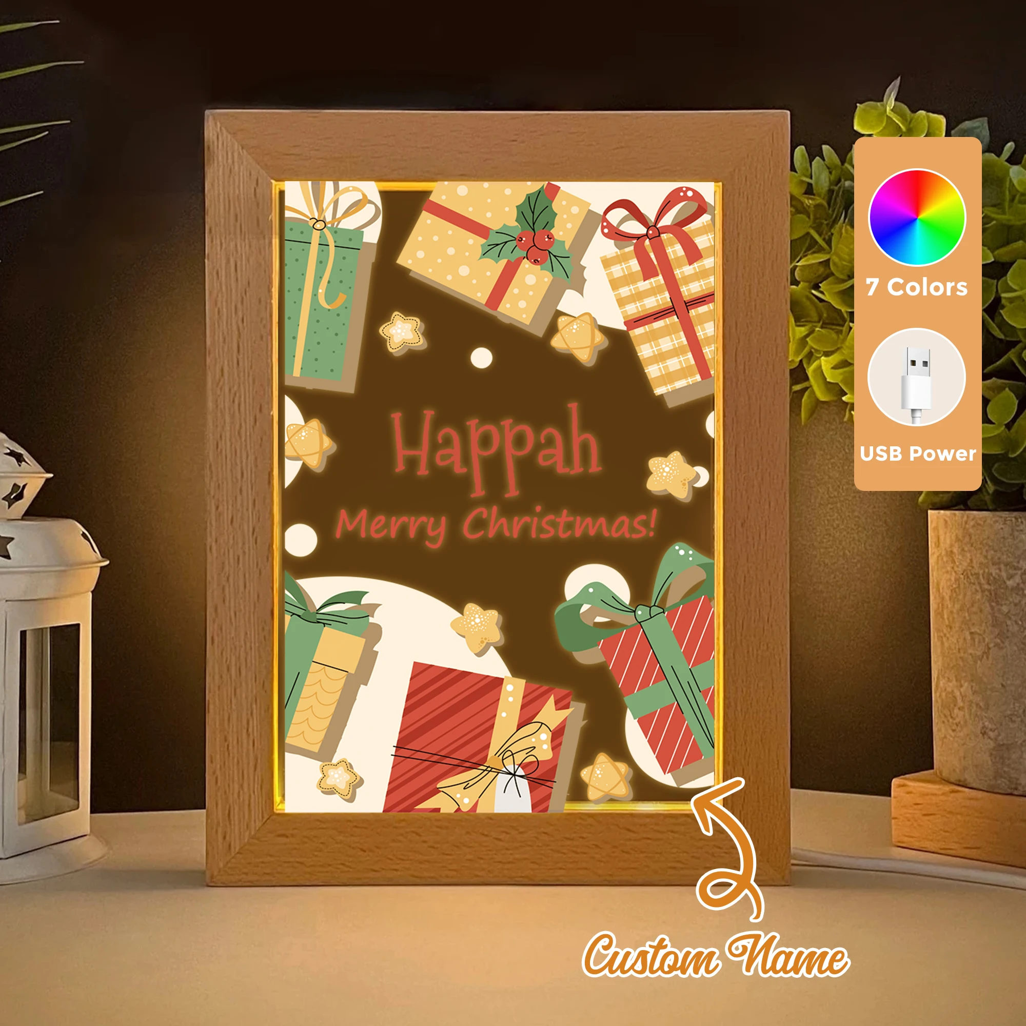 

Custom Name Gift Box LED Acrylic Night Light Wood Photo Frame 21x17cm Christmas Cartoon Children Bedroom Gifts Home Decor