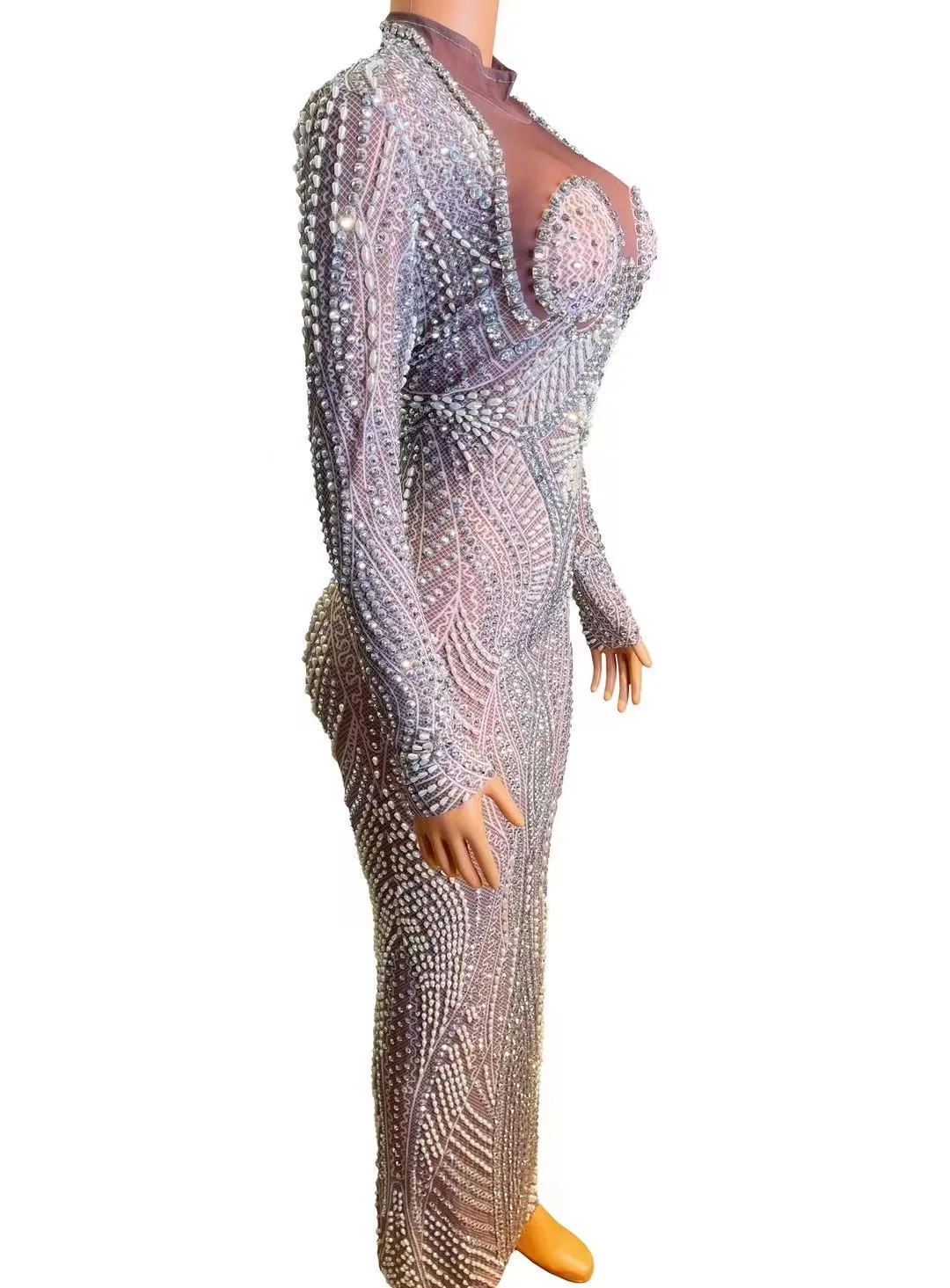 Sexy Stage Long Prom Dresses for Women Sheer Mesh Top Luxury Sparkly Pearls Diamond Dresses Black Girls Prom Formal Party Gowns