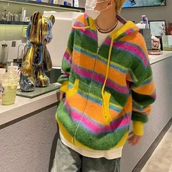 Mens Street Y2k Colorful Striped Knitted Hooded Jacket Autumn Winter Genderless Korean Version Lazy Style Casual Sweater Unisex