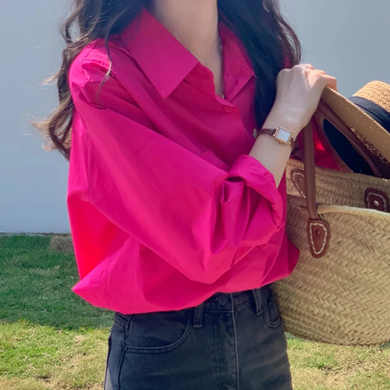 Dragon Fruit Colored Casual Long Sleeve Women's Shirt Inner Wear Pink  Collar Button up Street Style Spring 2023 Pure Color