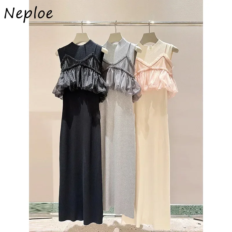 Neploe 2024 Autumn Japanese Sweet Elegant Two Piece Suits Femme Solid Color Chiffon Strap Half High Collar Long Knitted Dress