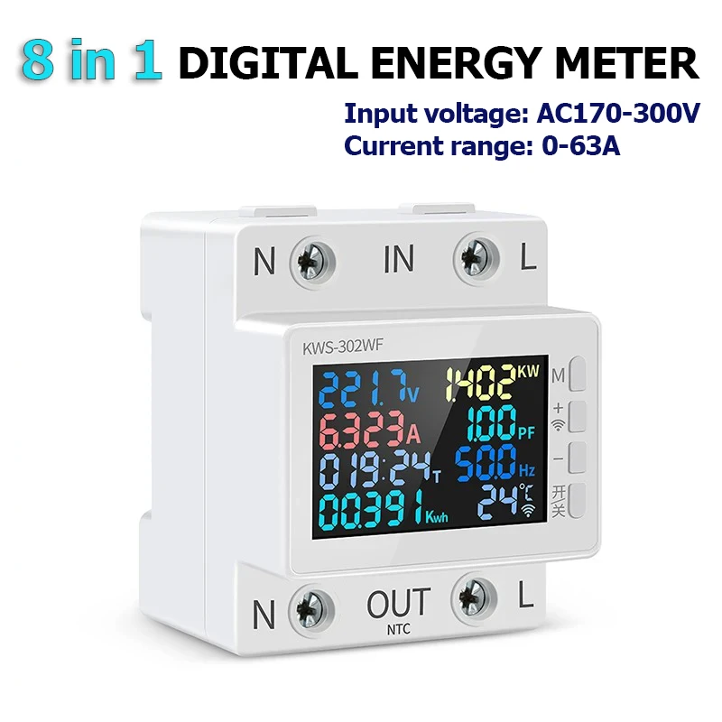 KWS-302 8 In1 Power Meter AC Digital Display Multifunctional Rail Voltage and Current Meter 170-300V/63A Ammeter Voltmeter