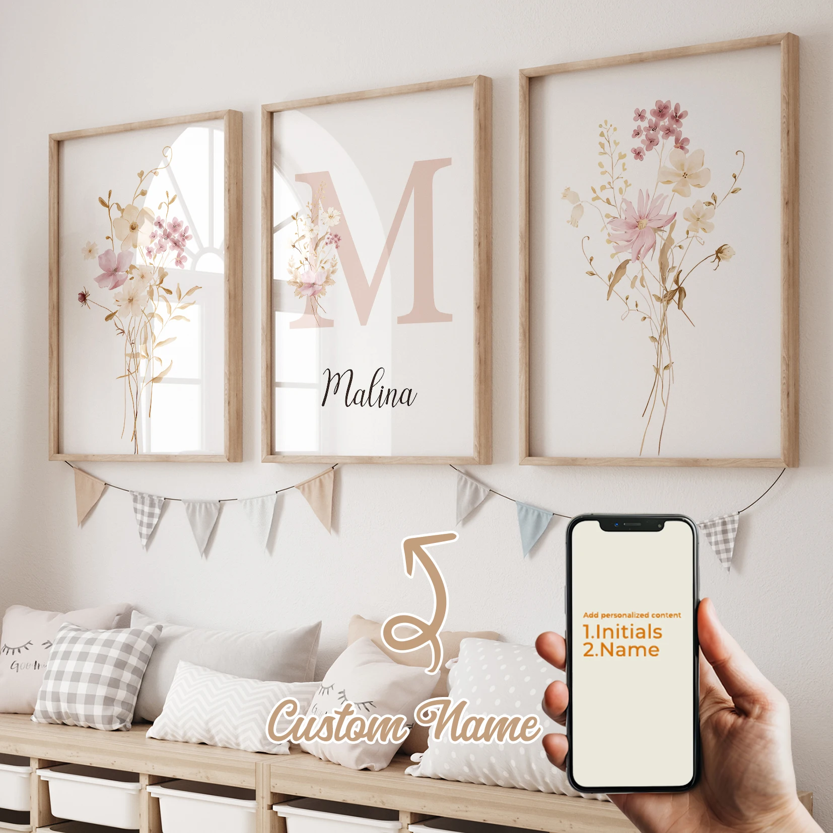 3pcs Personalized Custom Name Cartoon Flower Wall Art Print Picture Canvas Poster Painting For Living Room Home Decor
