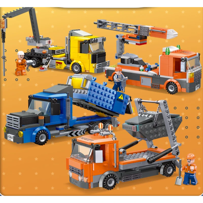 JIE STAR Assembly Small Particle Street Scene Construction Engineering Vehicle Building Blocks Fun Educational Toy
